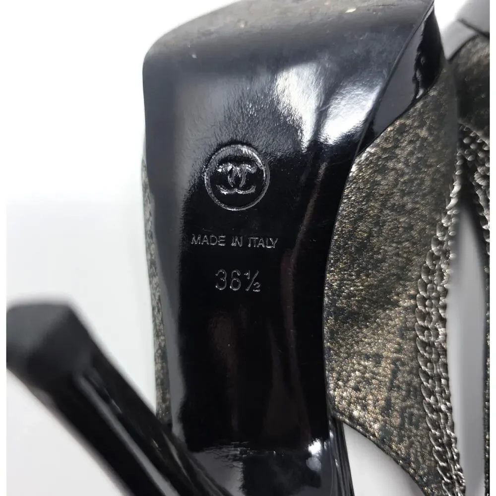 Chanel Slingback Platform Vintage Heels Cap Toe CC Logo Bow Chain Black 36.5 6